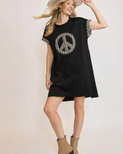 Umgee Peace Plaid Applique Short Sleeve Mini Dress