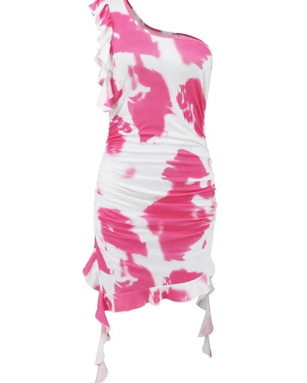 Vestido corto con un solo hombro y efecto tie-dye con volantes