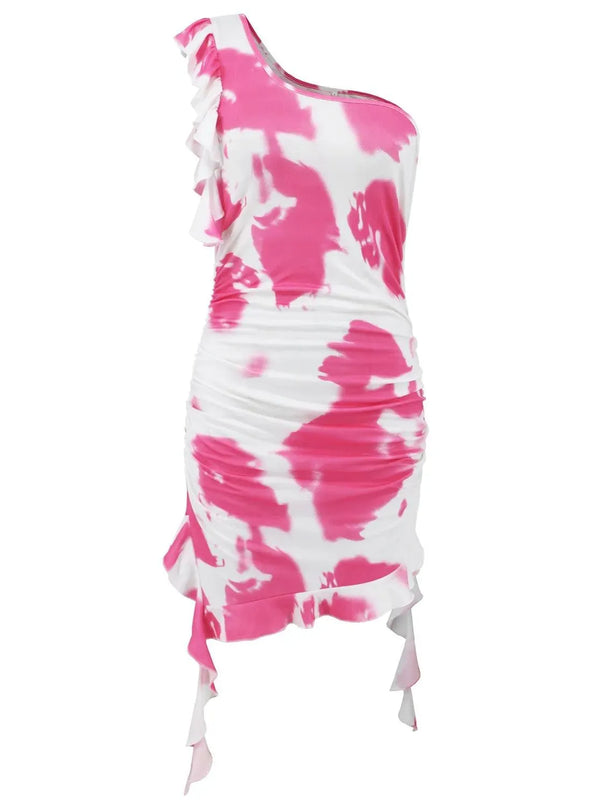 Vestido corto con un solo hombro y efecto tie-dye con volantes