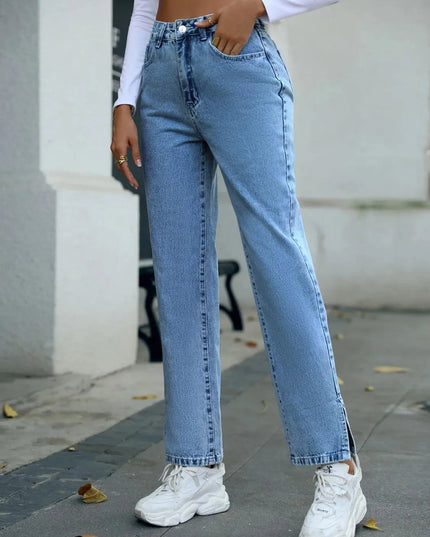 Side Slit High Waist Straight Jeans - ShopEasier