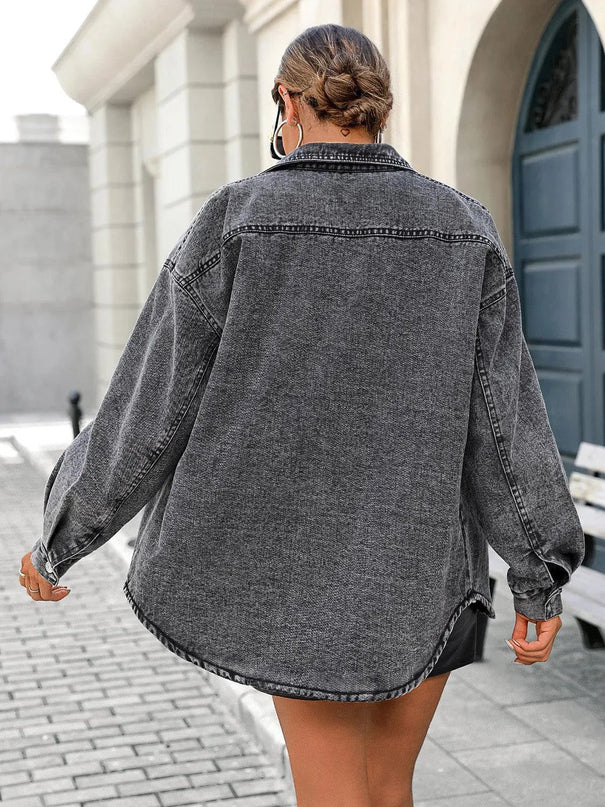 Button Up Long Sleeve Fleece Denim Jacket - ShopEasier