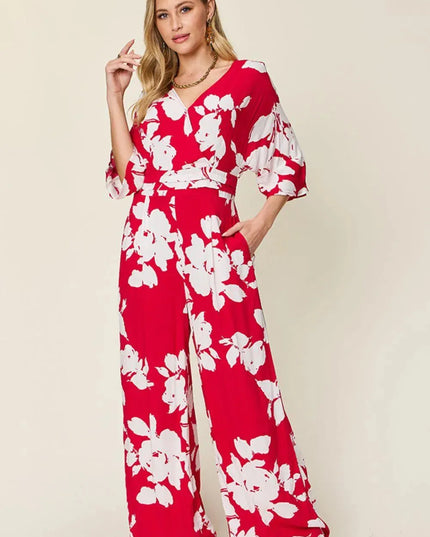 Double Take Full Size Printed Tie Back Wide Leg Jumpsuit - ShopEasier