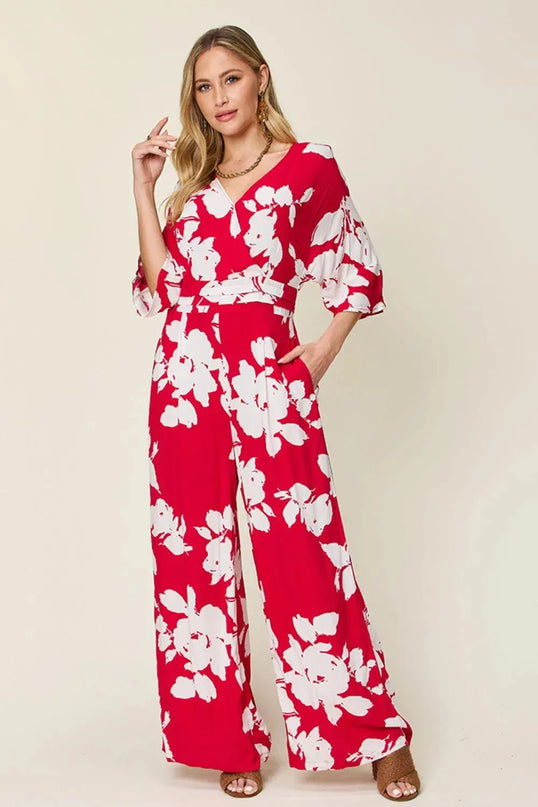 Double Take Full Size Printed Tie Back Wide Leg Jumpsuit - ShopEasier