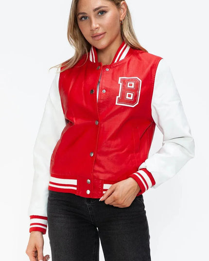 Love Me Now PU Leather Contrast Snap Down Bomber Jacket - ShopEasier