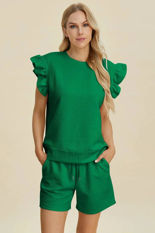 Chic Ruffled Sleeve Top and Shorts Set - Full Size Fashion Ensemble