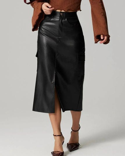 Button-Down Pocketed Slit Midi Skirt