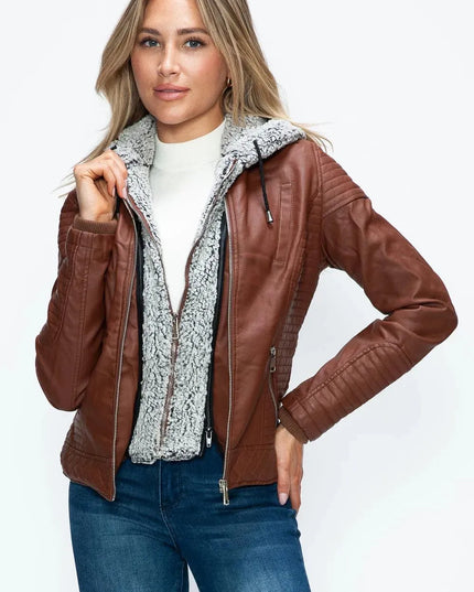 YMI Faux Layered Double-Zipper Jacket with Fuzzy Hood - ShopEasier