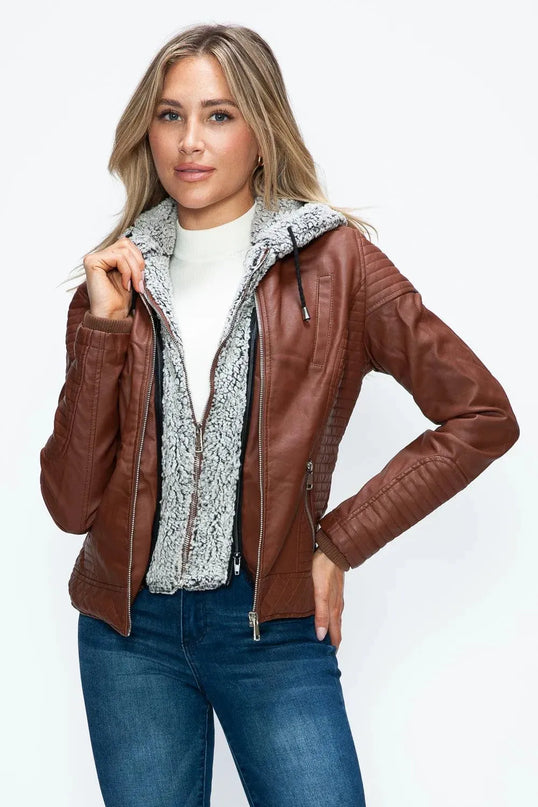 YMI Faux Layered Double-Zipper Jacket with Fuzzy Hood - ShopEasier