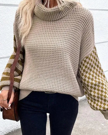 Colorful Striped Checkered Turtleneck Oversized Sweater