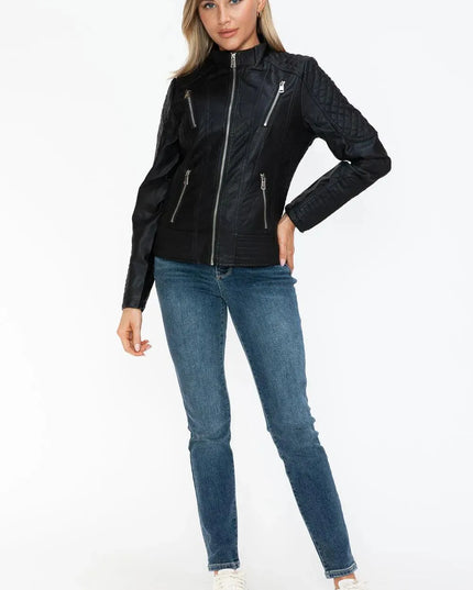 Snobbish Faux Leather Zip Up Mock Neck Jacket - ShopEasier