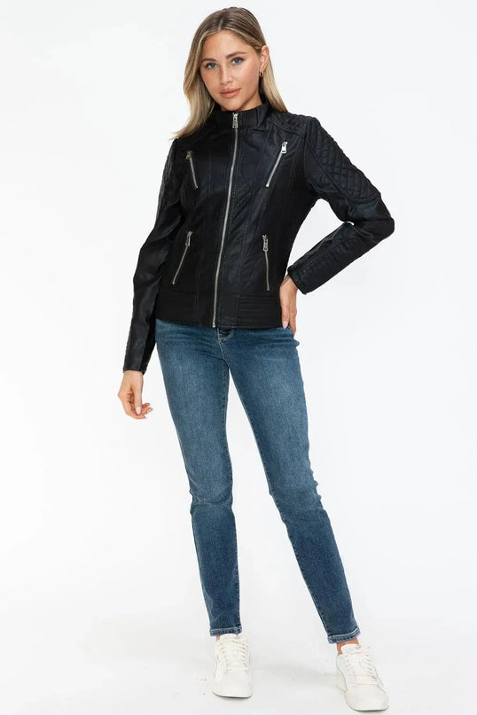 Snobbish Faux Leather Zip Up Mock Neck Jacket - ShopEasier