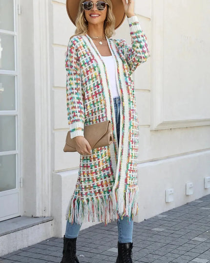 Angel Wings Full Size Multicolored Open Front Fringe Hem Cardigan - ShopEasier