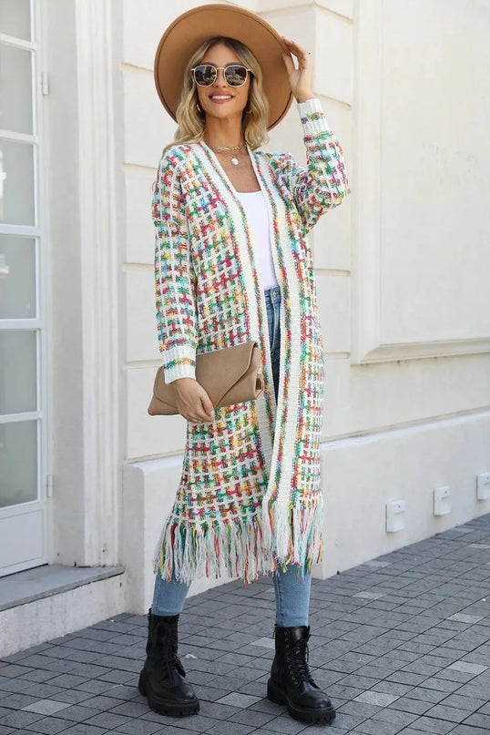 Angel Wings Full Size Multicolored Open Front Fringe Hem Cardigan - ShopEasier