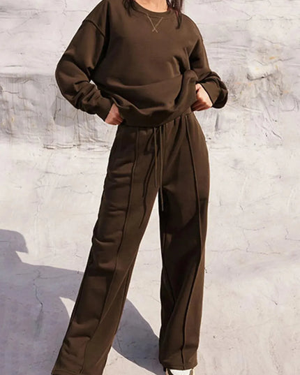 Round Neck Long Sleeve Top and Elastic Waist Pants Set - ShopEasier