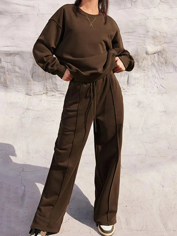 Round Neck Long Sleeve Top and Elastic Waist Pants Set - ShopEasier