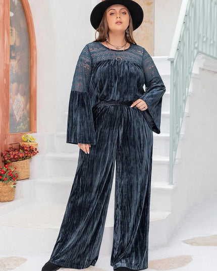 Curvy Chic Lace Detail Flare Sleeve Top and Trousers Ensemble