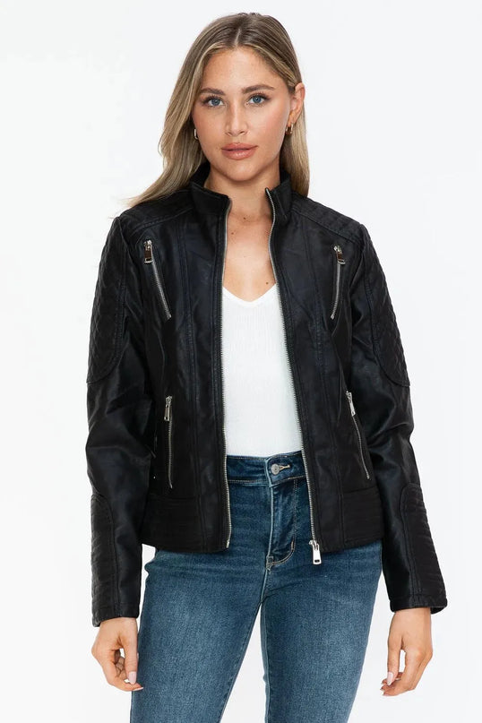 Snobbish Faux Leather Zip Up Mock Neck Jacket - ShopEasier