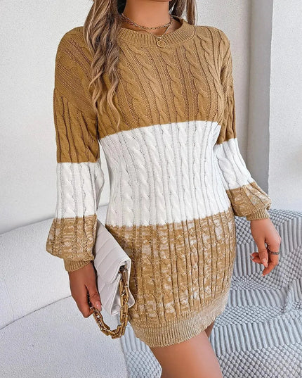 Cable-Knit Round Neck Color Block Sweater Dress - ShopEasier