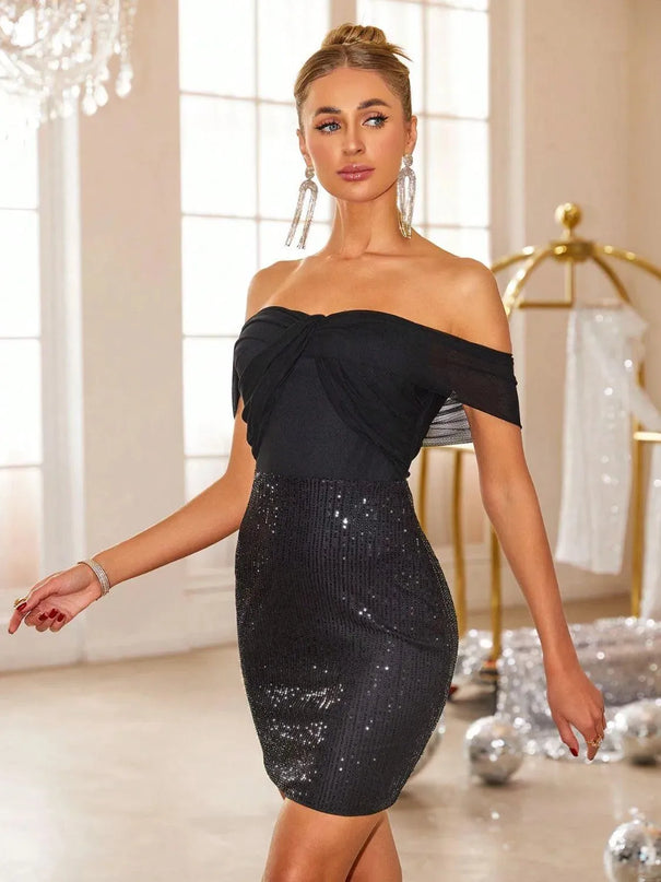 Backless Sequin Off Shoulder Short Sleeve Dress