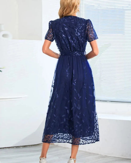 Sequin Leaf Embroidery Tie Front Short Sleeve Dress