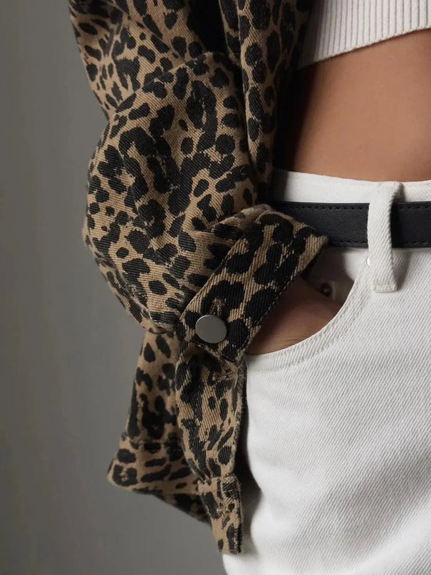 Leopard Button Up Long Sleeve Denim Top - ShopEasier