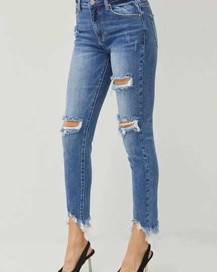 RISEN Distressed Frayed Hem Slim Jeans - ShopEasier