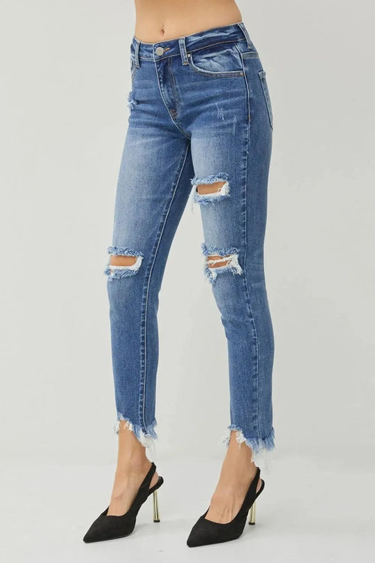 RISEN Distressed Frayed Hem Slim Jeans - ShopEasier