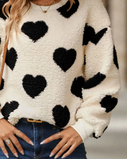 Fuzzy Heart Dropped Shoulder Sweatshirt - ShopEasier