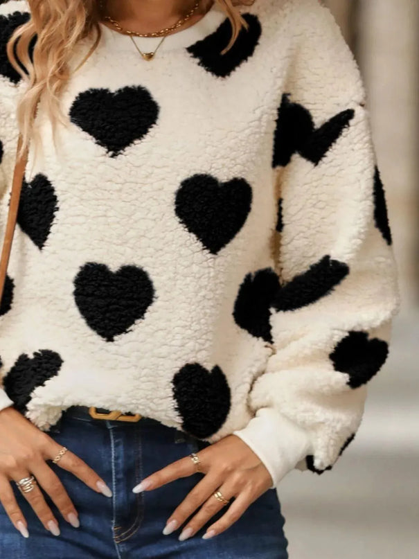 Fuzzy Heart Dropped Shoulder Sweatshirt - ShopEasier