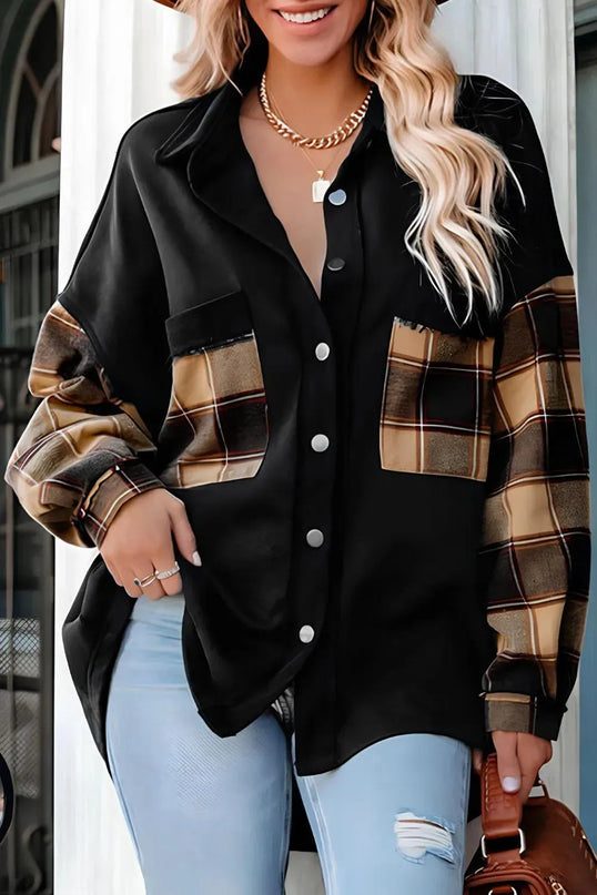 Plaid Button Up Shacket with Chest Pockets - ShopEasier