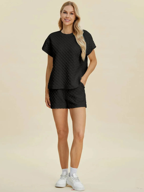 Dual Style Full Size Textured Tee and Shorts Ensemble