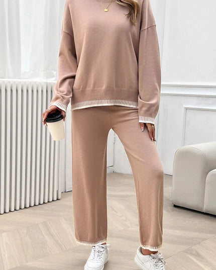 Chic Dropped Shoulder Sweater Set with Round Neck Top and Pants