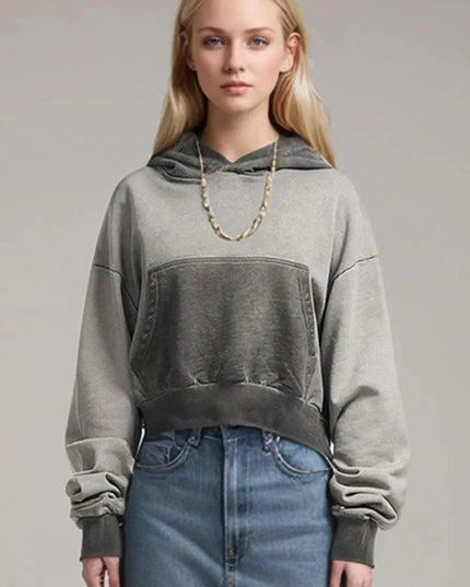 Cropped Cotton Hoodie with Kangaroo Pocket and Long Sleeves