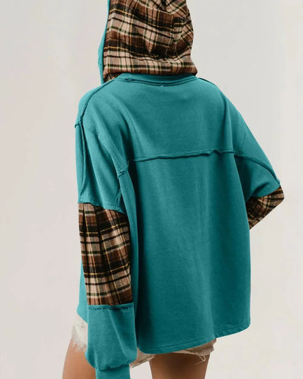 Plaid Star Patch Long Sleeve Hoodie with Drawstring Detail