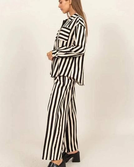 Chic Vertical Stripe Button-Up Shirt and Wide-Leg Pants Ensemble