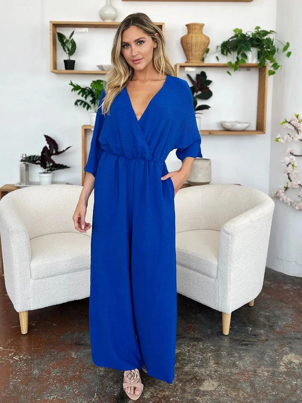 Double Take Full Size Surplice Wide Leg Jumpsuit with Pockets - ShopEasier