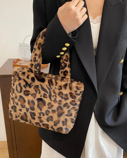 Leopard Print Fluff Zip-Up Handbag