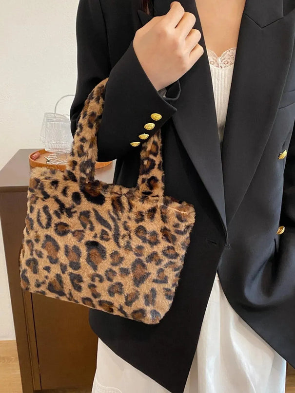 Leopard Print Fluff Zip-Up Handbag