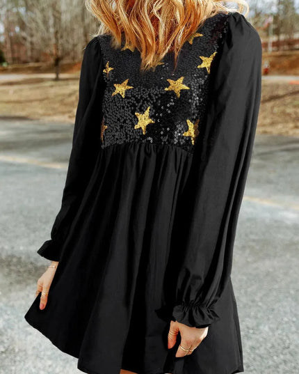 Sequin Star Round Neck Flounce Sleeve Mini Dress