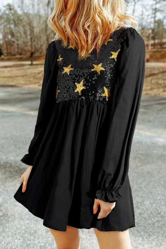 Vestido mini con escote redondo y mangas con volantes y estrellas de lentejuelas