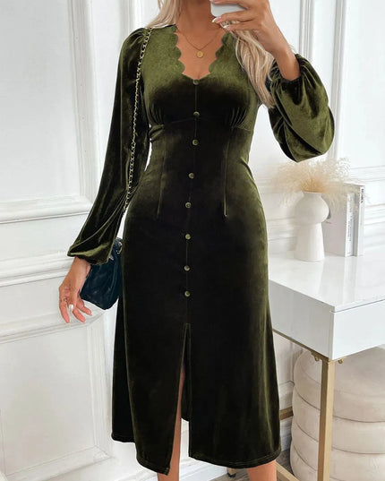 Perfee Slit V-Neck Long Sleeve Midi Dress