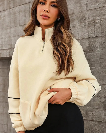 Cozy Pocketed Quarter Zip Sweatshirt with Dropped Shoulders