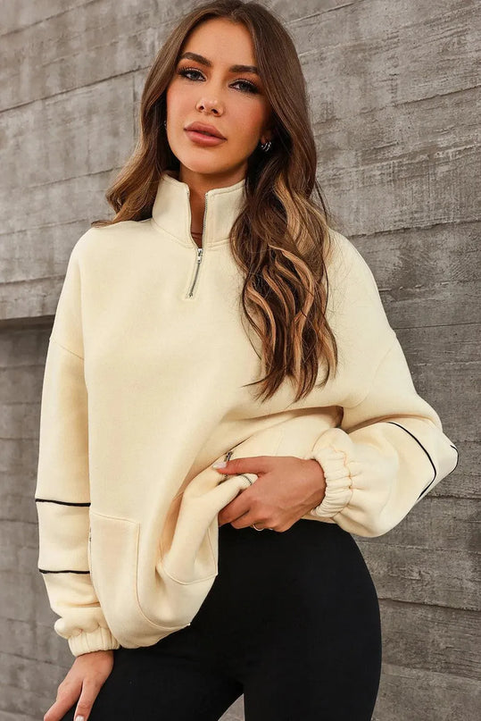 Cozy Pocketed Quarter Zip Sweatshirt with Dropped Shoulders