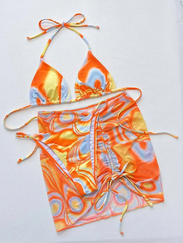 Multicolored Drawstring Ruched Three-Piece Swim Set