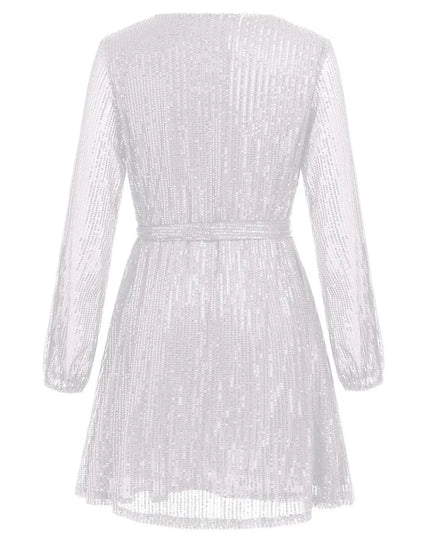 Sequin Tie Waist Long Sleeve Mini Dress