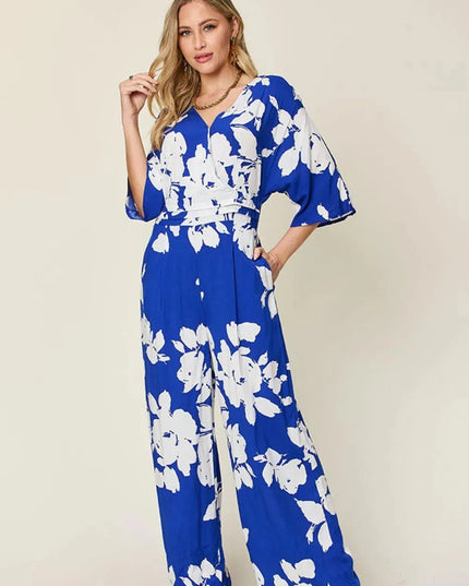 Double Take Full Size Printed Tie Back Wide Leg Jumpsuit - ShopEasier