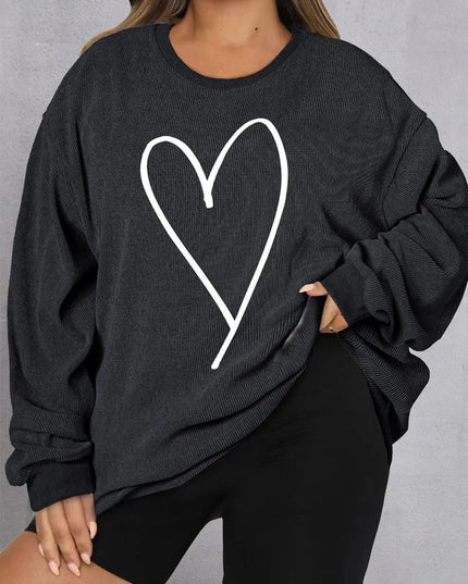 Plus Size Heart Ribbed Round Neck Sweatshirt - ShopEasier