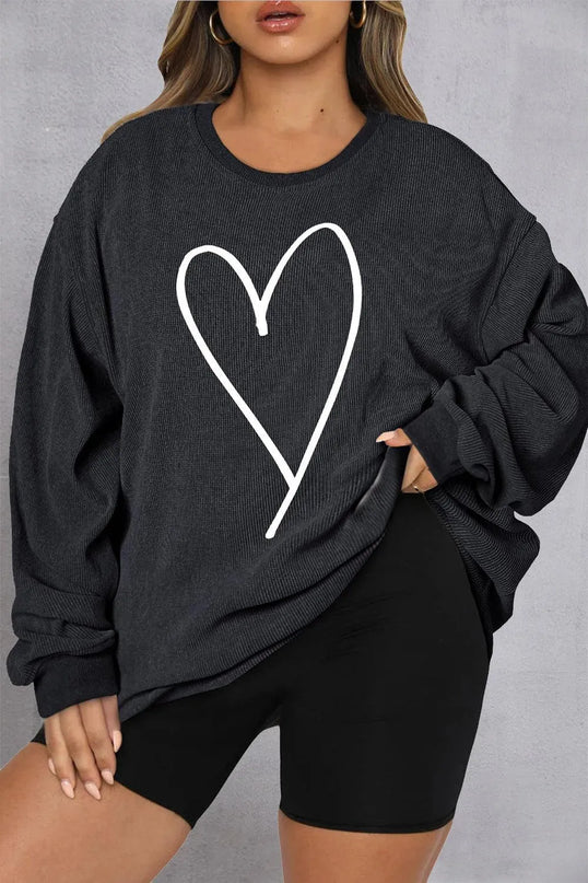 Plus Size Heart Ribbed Round Neck Sweatshirt - ShopEasier