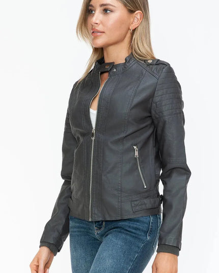 Snobbish PU Leather Biker Jacket with Side Zip Pockets - ShopEasier