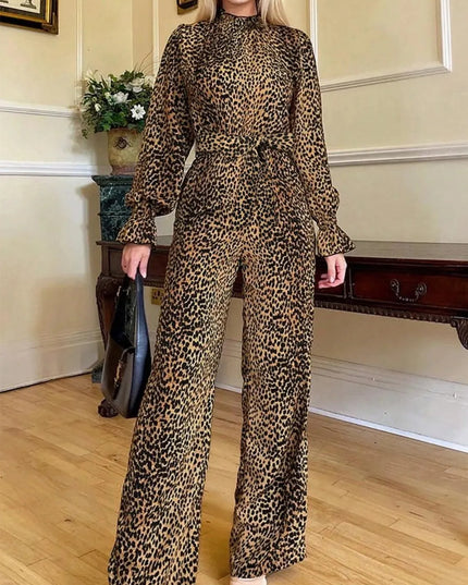 Leopard Flounce Sleeve Wide Leg Jumpsuit - ShopEasier